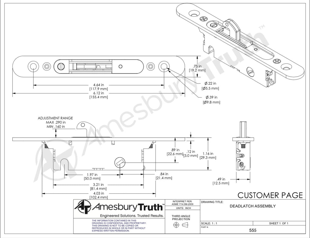S3029 -Sliding Patio Door Amesbury Truth DS Surface Mount Mortise Lock 45 Degree latch with face plate Deadlatch Assembly