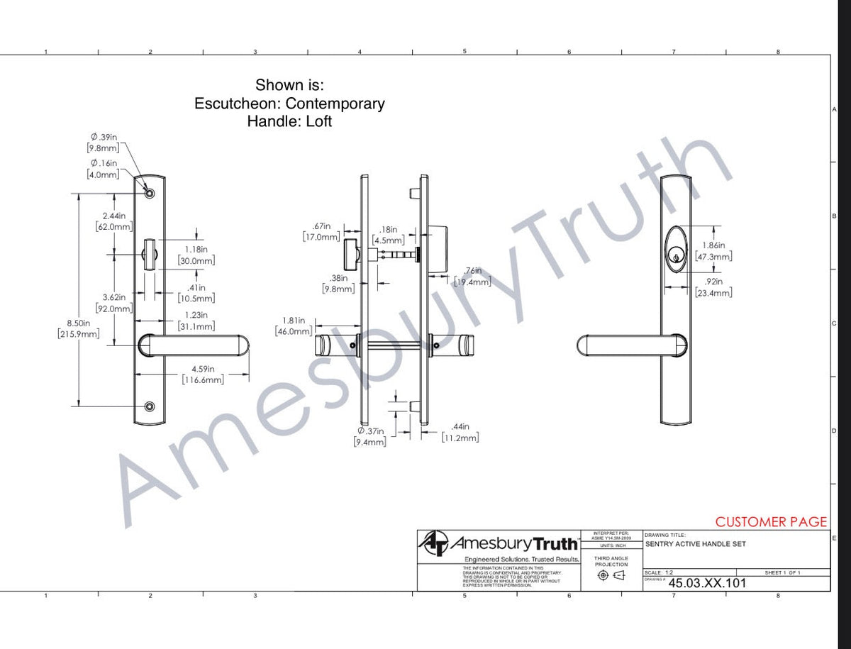 840 - Current Style Active  Amesbury Truth Sentry® .63  and Sentry® .03 Active Handle Set For GU Multi Point Hardware