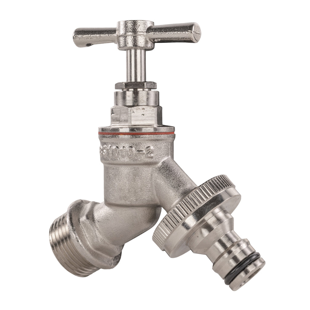 Garden Bib Tap Brass Nickle Plated 1/2" BSPM Inlet + Snap-On Male