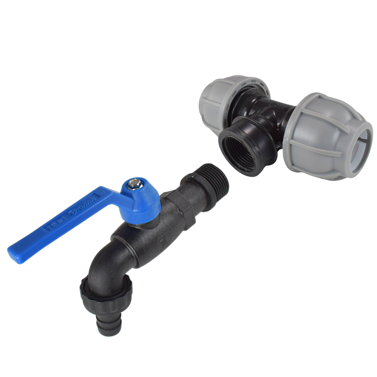 MDPE Tee 20mm and Nylon Garden Tap with Barb Outlet