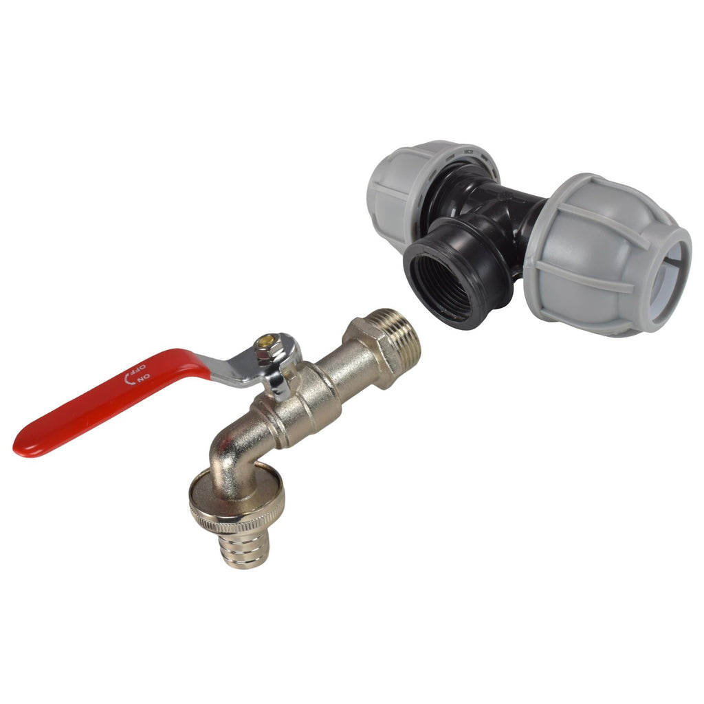 MDPE Tee 32mm and Lever Tap with Barb Outlet