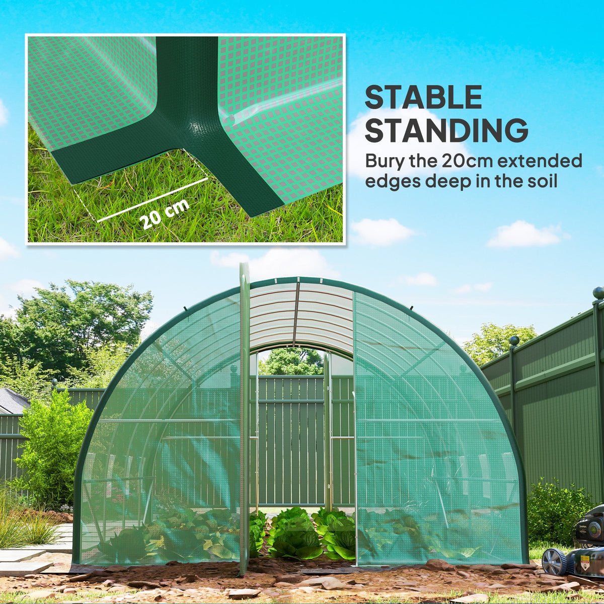 4 x 3m Walk-in Polytunnel Greenhouse with 2 Hinged Doors & 8 Mesh Windows, Green