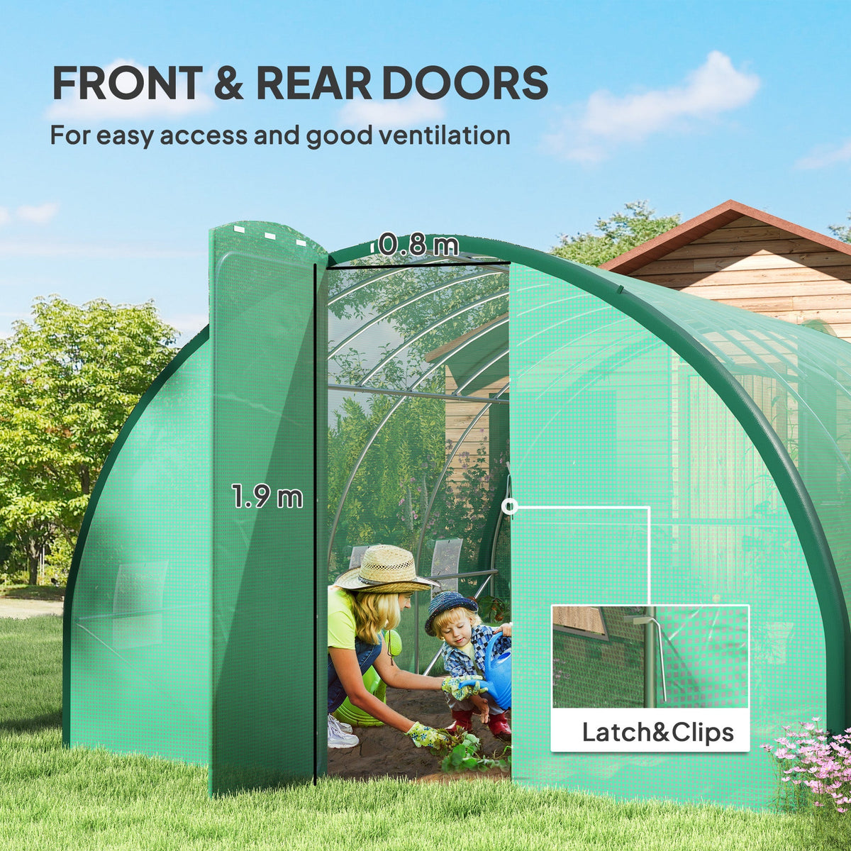 4 x 3m Walk-in Polytunnel Greenhouse with 2 Hinged Doors & 8 Mesh Windows, Green