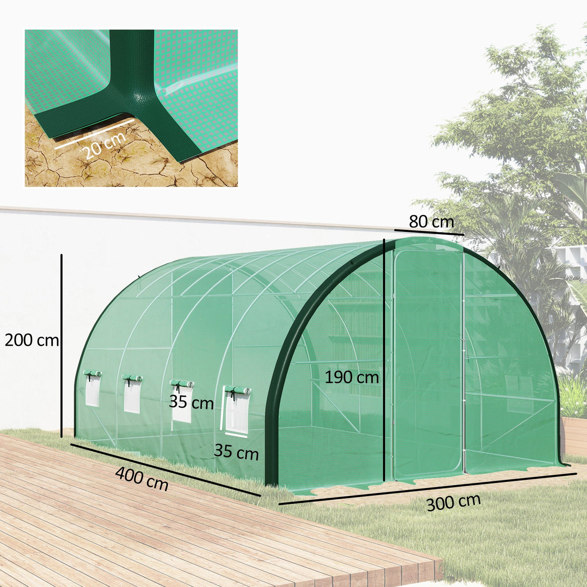 4 x 3m Walk-in Polytunnel Greenhouse with 2 Hinged Doors & 8 Mesh Windows, Green