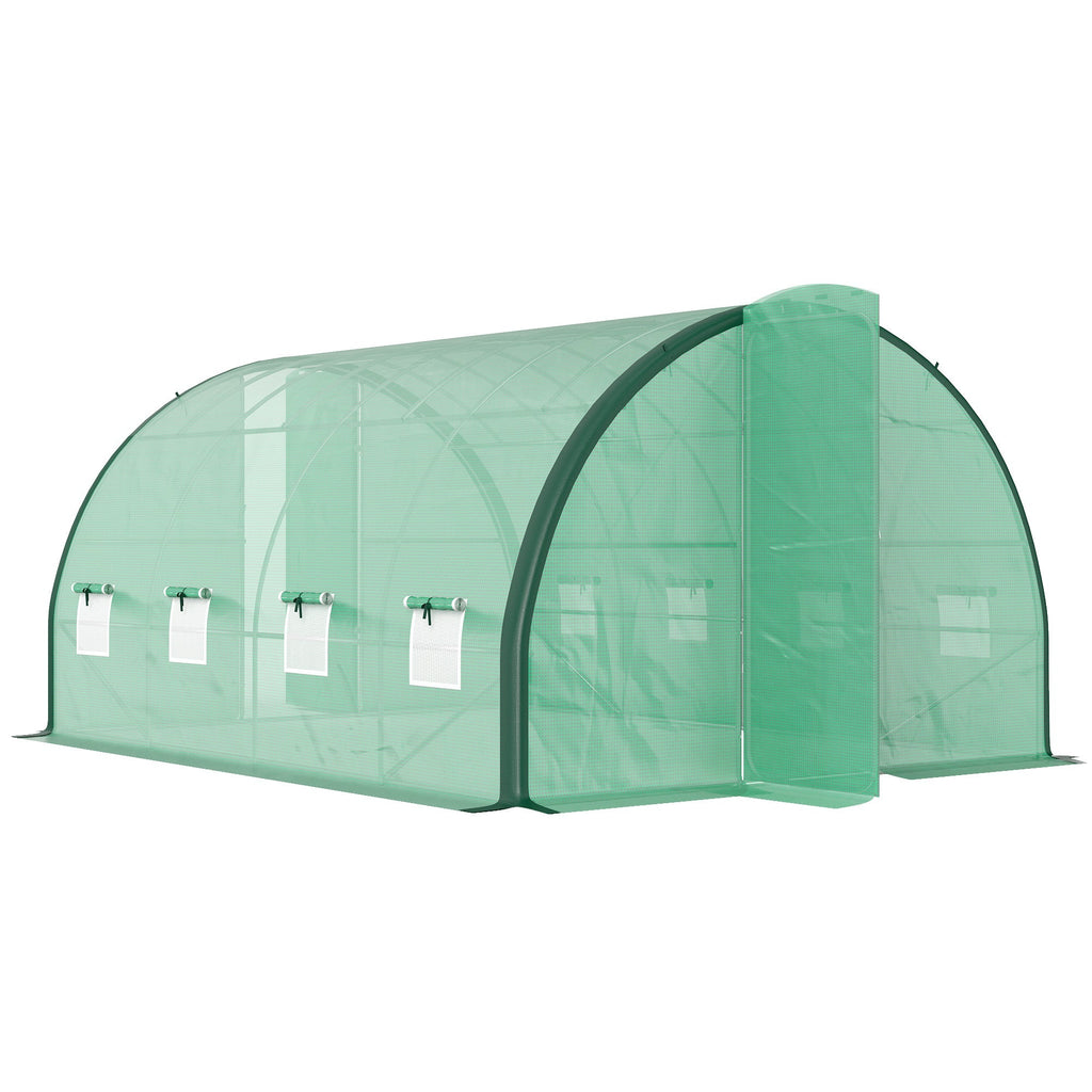 4 x 3m Walk-in Polytunnel Greenhouse with 2 Hinged Doors & 8 Mesh Windows, Green