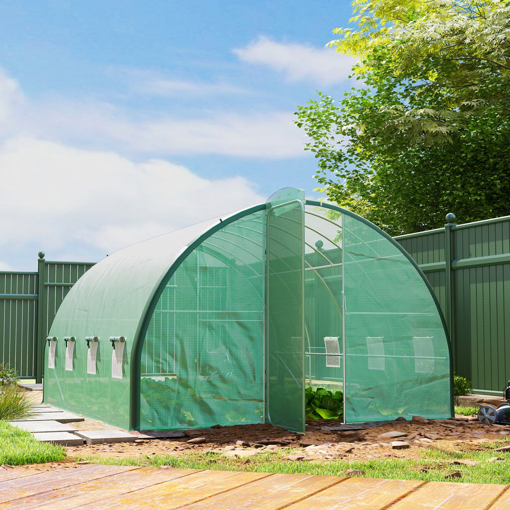 4 x 3m Walk-in Polytunnel Greenhouse with 2 Hinged Doors & 8 Mesh Windows, Green