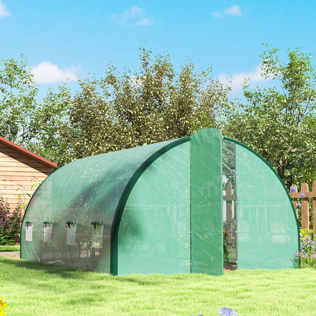 4 x 3m Walk-in Polytunnel Greenhouse with 2 Hinged Doors & 8 Mesh Windows, Green