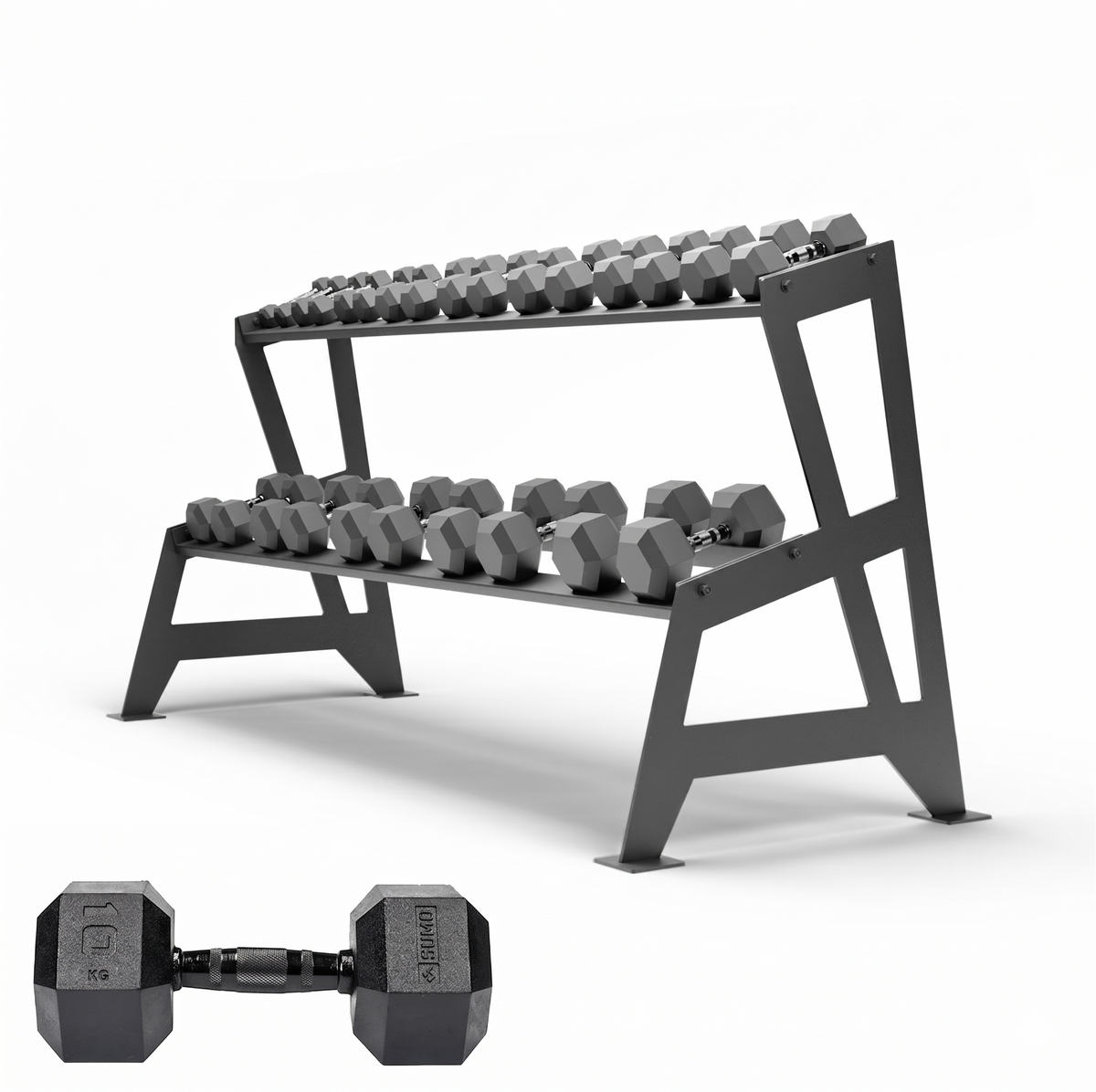 12 Pair Black Hex Dumbbell Set with Rack (5-25kg)