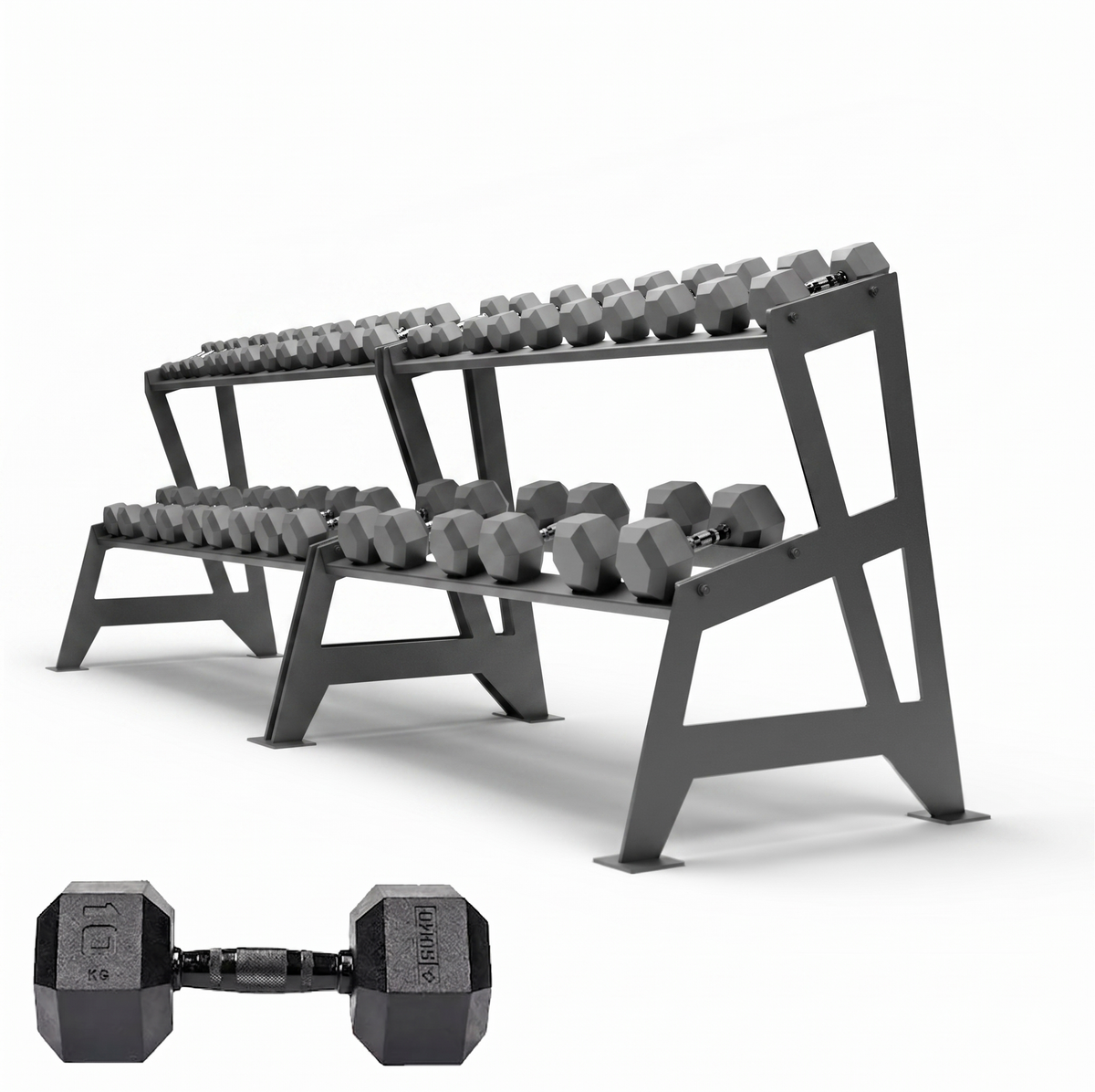 18 Pair Black Hex Dumbbell Set with Rack (5-40kg)