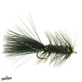 Wooly Bugger fly fishing lure with black marabou tail, iridescent fibers, black chenille body, and gold bead head designed for effective freshwater fishing tackle.