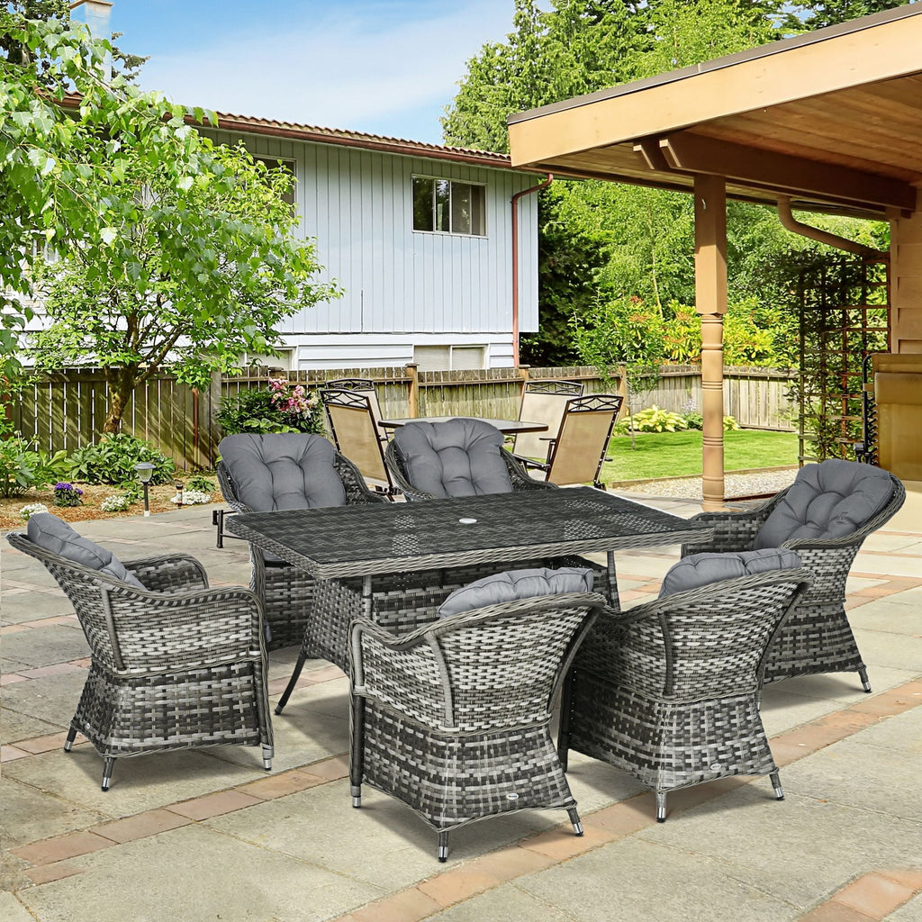 6 Seater Rattan Dining Set with Seat and Back Cushions, Parasol Hole & Glass Top Table, Grey