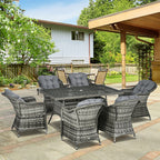 6 Seater Rattan Dining Set with Seat and Back Cushions, Parasol Hole & Glass Top Table, Grey