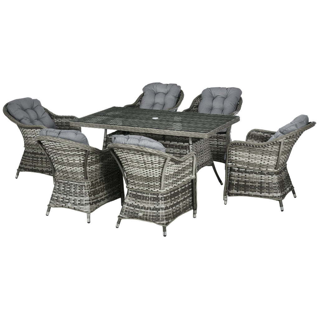 6 Seater Rattan Dining Set with Seat and Back Cushions, Parasol Hole & Glass Top Table, Grey