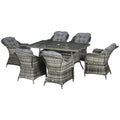 6 Seater Rattan Dining Set with Seat and Back Cushions, Parasol Hole & Glass Top Table, Grey
