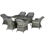 6 Seater Rattan Dining Set with Seat and Back Cushions, Parasol Hole & Glass Top Table, Grey