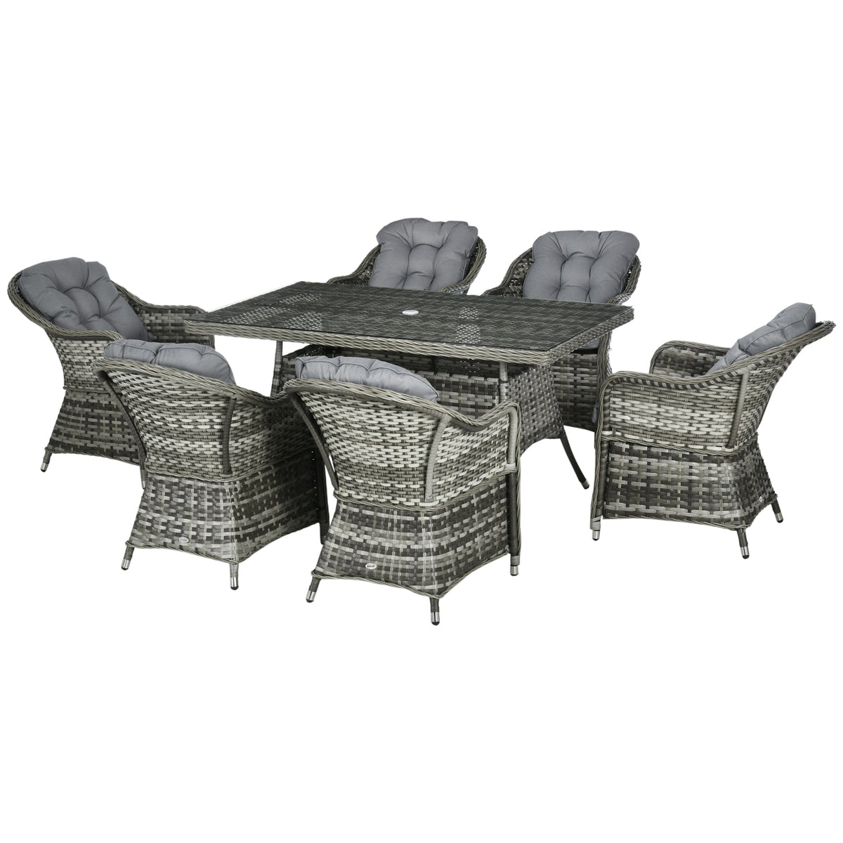 6 Seater Rattan Dining Set with Seat and Back Cushions, Parasol Hole & Glass Top Table, Grey