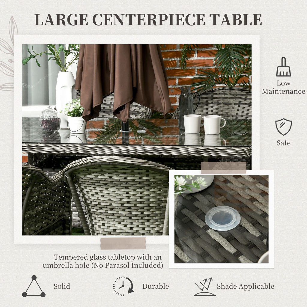 6 Seater Rattan Dining Set with Seat and Back Cushions, Parasol Hole & Glass Top Table, Grey