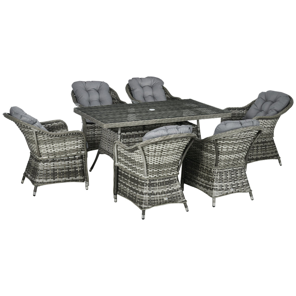 6 Seater Rattan Dining Set with Seat and Back Cushions, Parasol Hole & Glass Top Table, Grey