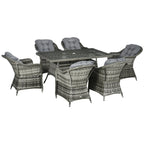 6 Seater Rattan Dining Set with Seat and Back Cushions, Parasol Hole & Glass Top Table, Grey
