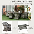 6 Seater Rattan Dining Set with Seat and Back Cushions, Parasol Hole & Glass Top Table, Grey