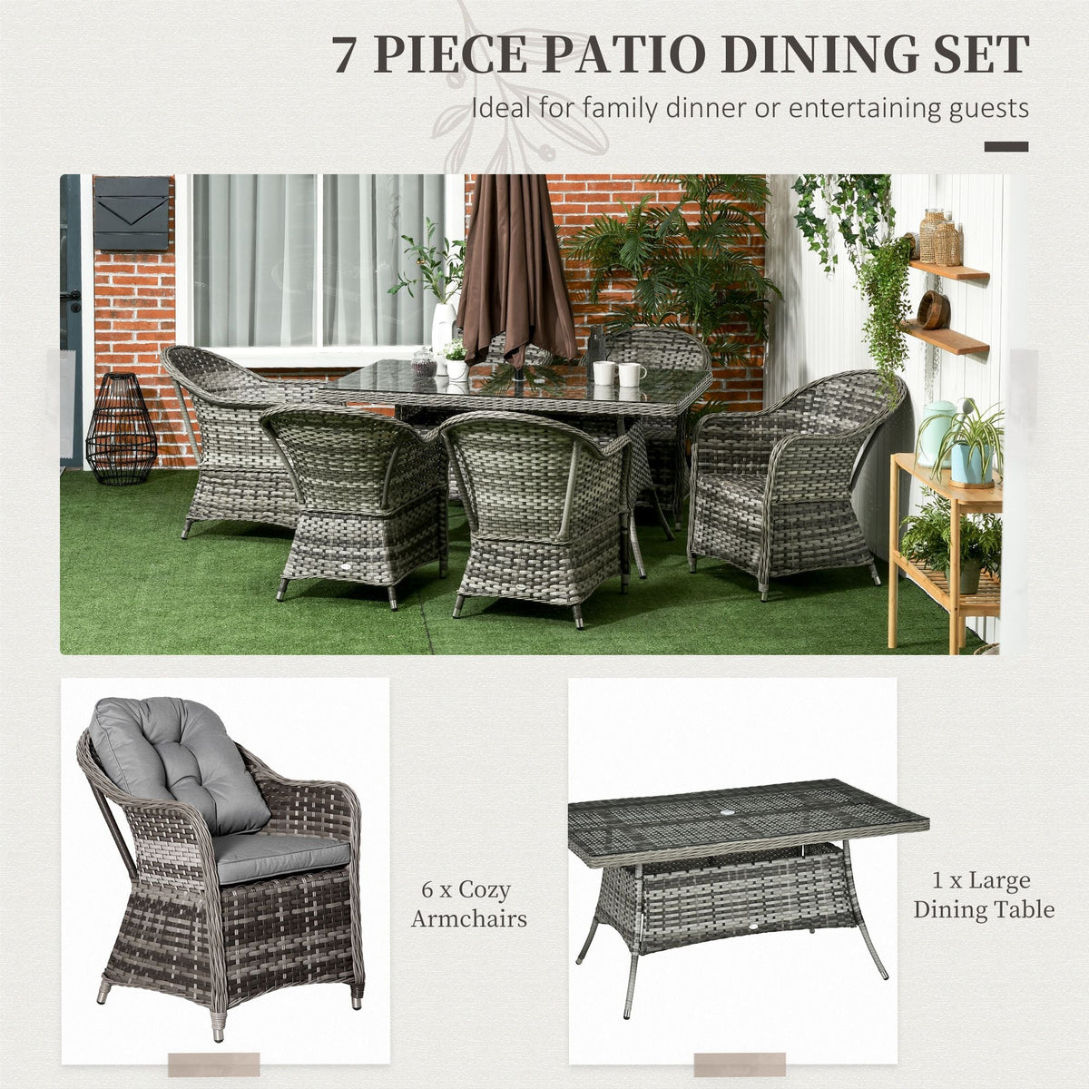 6 Seater Rattan Dining Set with Seat and Back Cushions, Parasol Hole & Glass Top Table, Grey
