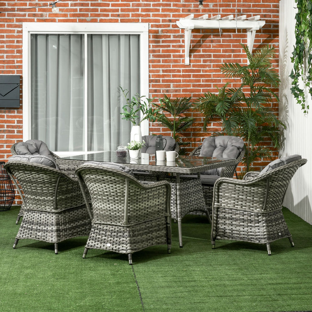 6 Seater Rattan Dining Set with Seat and Back Cushions, Parasol Hole & Glass Top Table, Grey