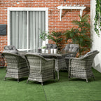 6 Seater Rattan Dining Set with Seat and Back Cushions, Parasol Hole & Glass Top Table, Grey