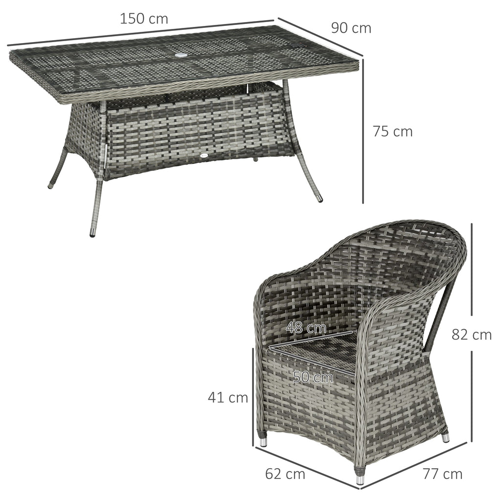 6 Seater Rattan Dining Set with Seat and Back Cushions, Parasol Hole & Glass Top Table, Grey