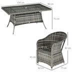 6 Seater Rattan Dining Set with Seat and Back Cushions, Parasol Hole & Glass Top Table, Grey