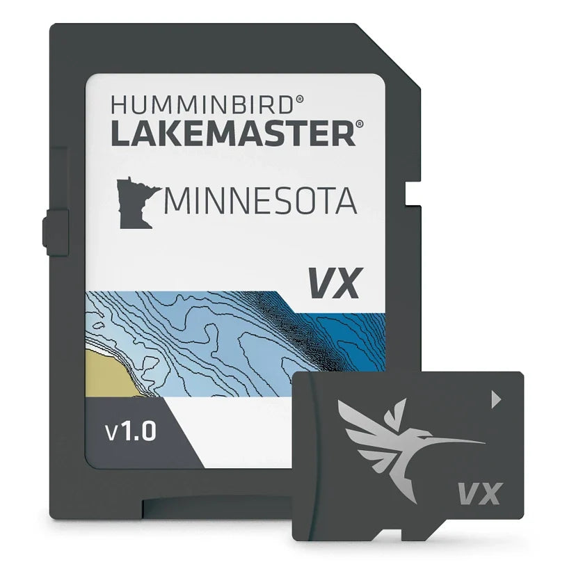 Humminbird LakeMaster VX Chips showing Minnesota lake contour map on a memory card and a smaller chip, designed for marine electronics in fishing tackle.