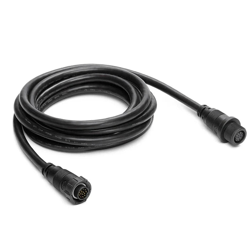 Humminbird EC M3 14W APEX AND SOLIX TRANSDUCER EXTENSION CABLES showing a coiled black marine electronics cable with multi-pin waterproof connectors on both ends for fishing tackle and rod equipment integration.