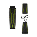 Set of black and green Casting Rod Grip Kits made of textured material with ergonomic contours, including matching washers for fishing rods and reels.