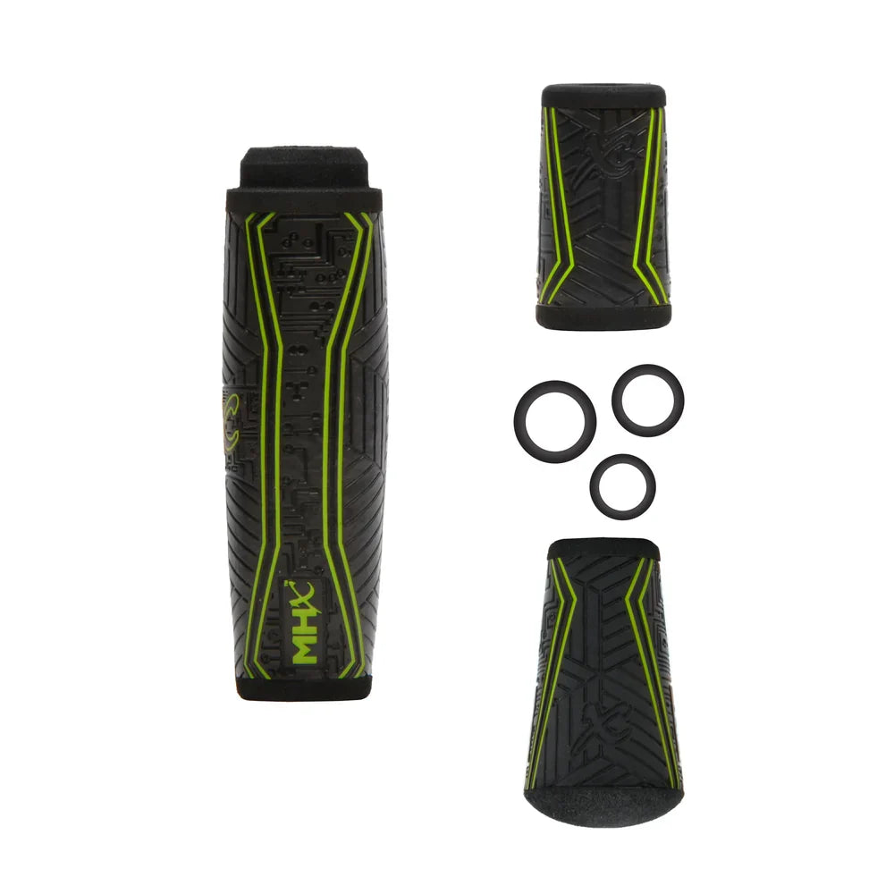 Set of black and green Casting Rod Grip Kits made of textured material with ergonomic contours, including matching washers for fishing rods and reels.