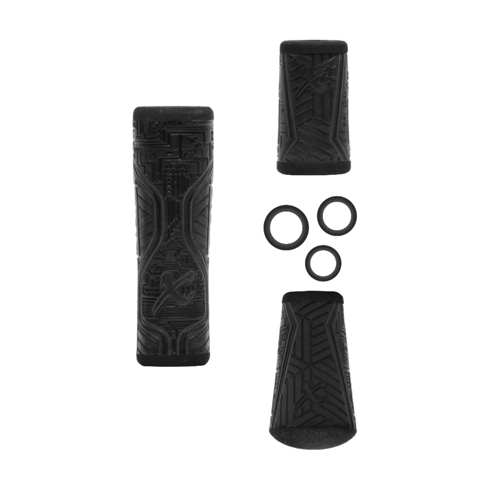 Set of black Spinning Rod Grip Kits including textured front and rear grips with a geometric pattern and three circular grip rings designed for fishing rods.