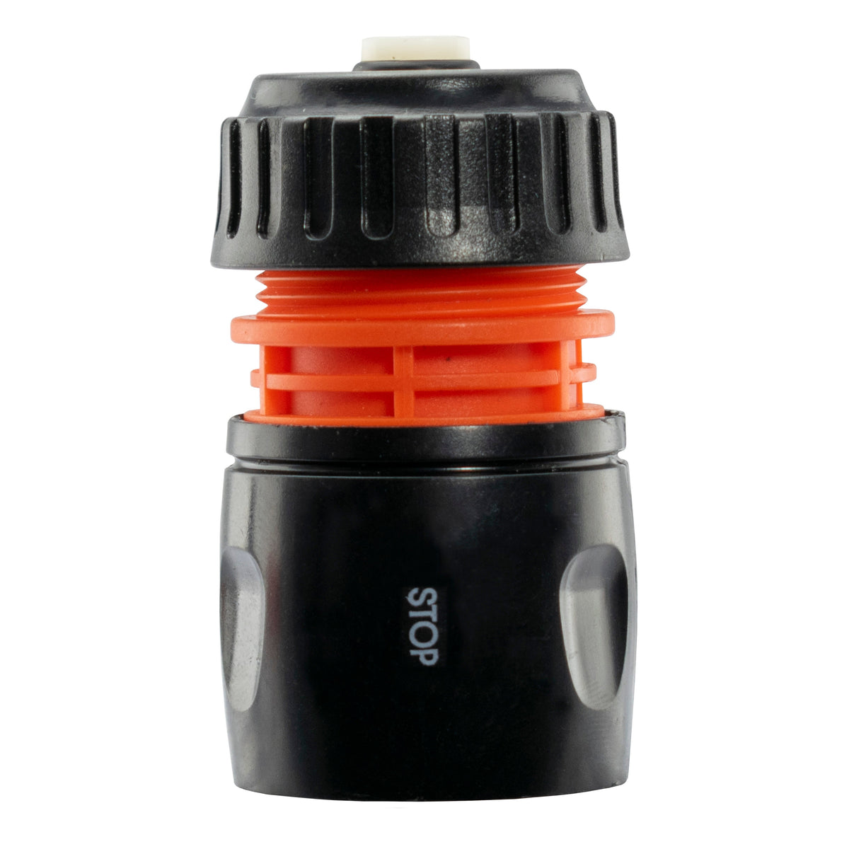 Female Hose Connector With Stop, 1/2" or 5/8" Hose, Black/Orange