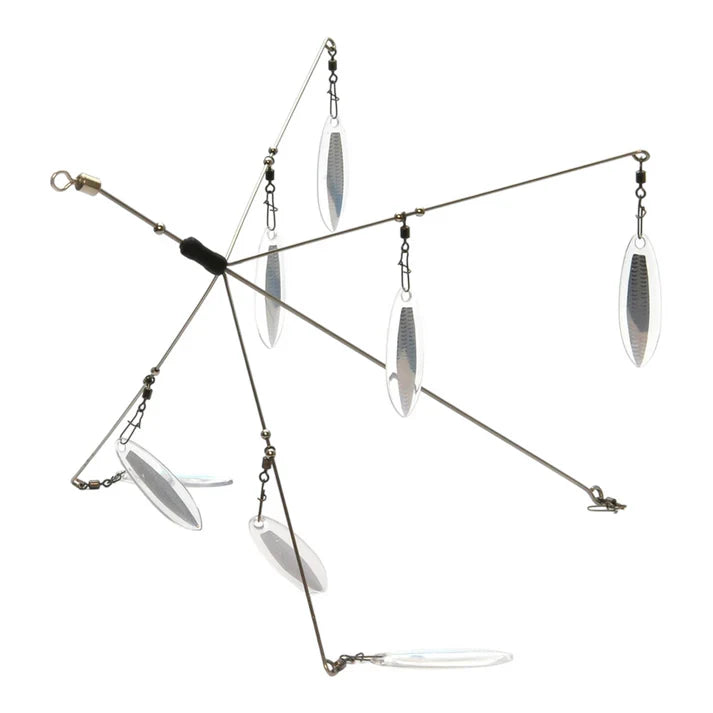 Raid Ghost Wire Next Level fishing lure with multiple reflective blades on wire arms designed to attract musky and other predatory fish in freshwater fishing.