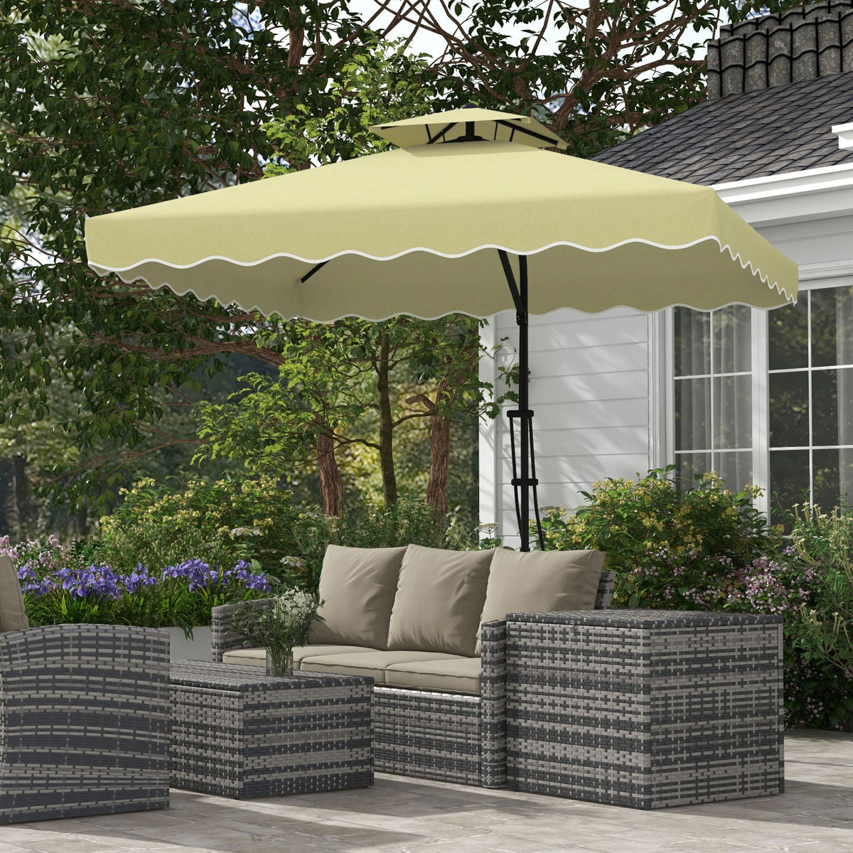 2.5m Square Patio Double Top Cantilever Umbrella with Cross Base and Ruffles, Beige