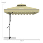 2.5m Square Patio Double Top Cantilever Umbrella with Cross Base and Ruffles, Beige
