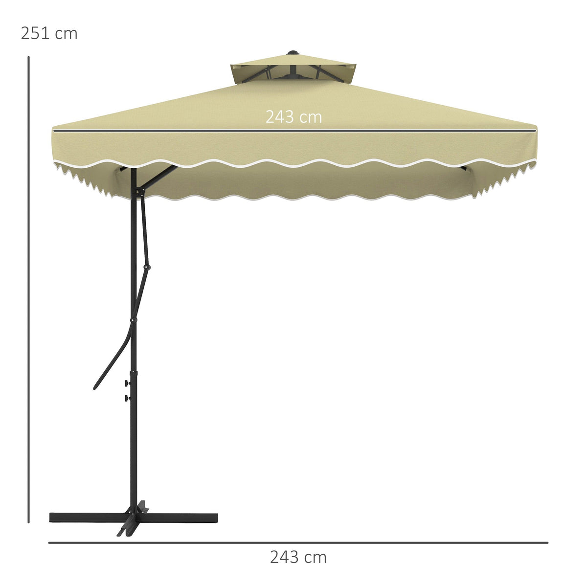 2.5m Square Patio Double Top Cantilever Umbrella with Cross Base and Ruffles, Beige