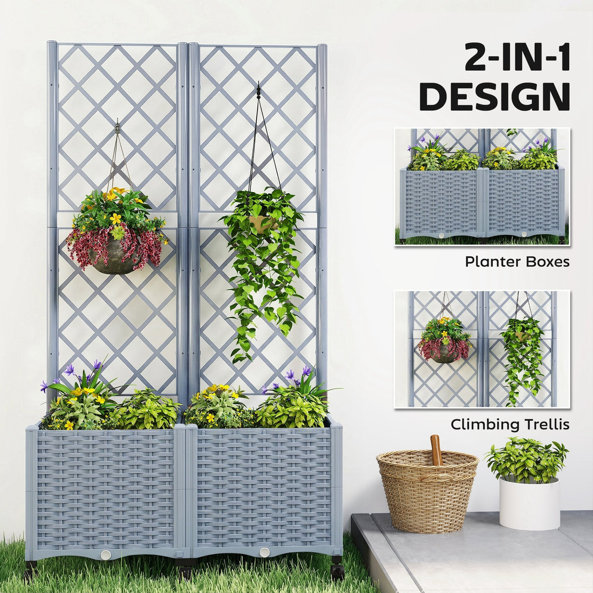 56.3" Self-Watering Planter Box with Trellis and Wheels, Gray