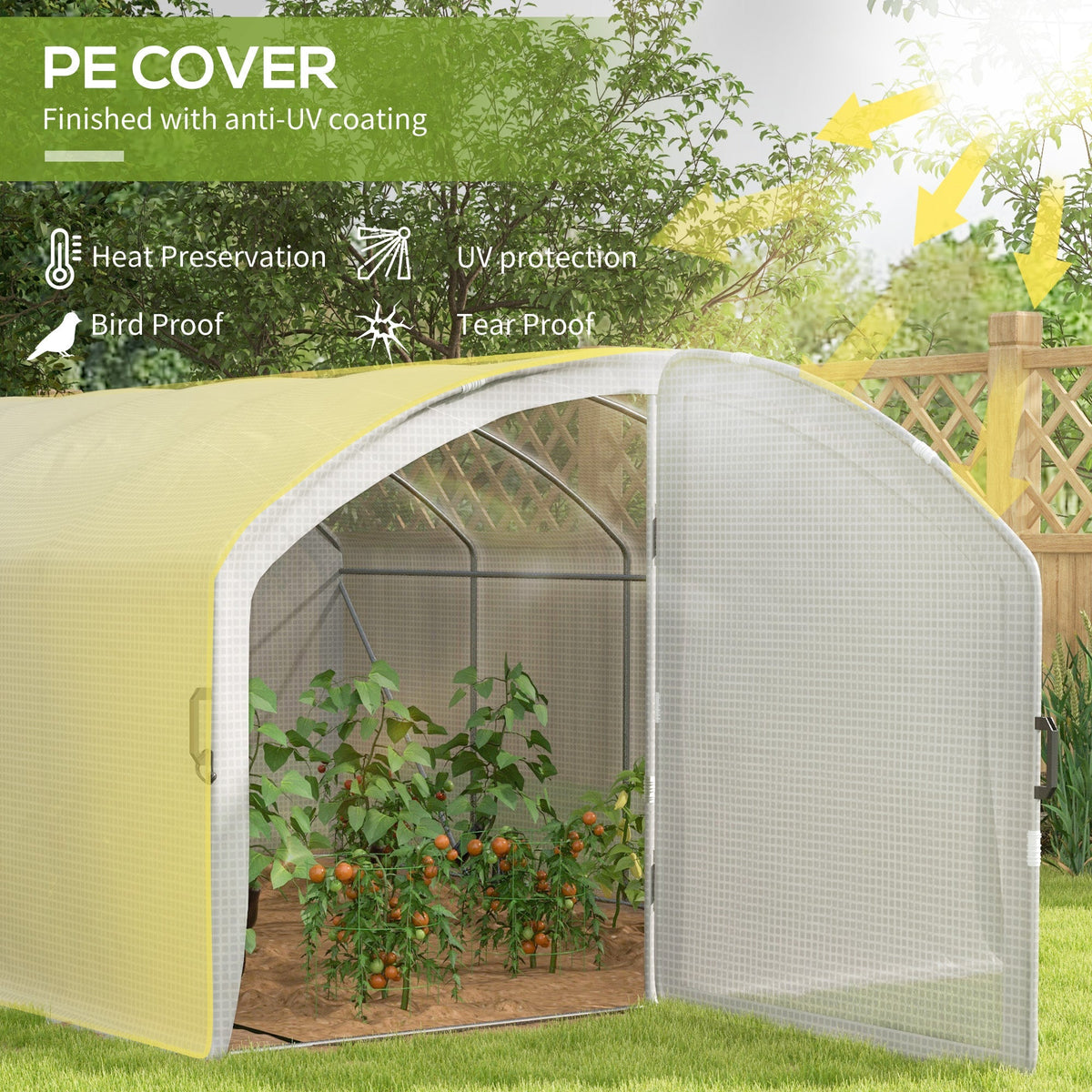4 x 3 x 2m Galvanised Steel Frame Polytunnel Greenhouse with Hinged Door & PE Cover, White