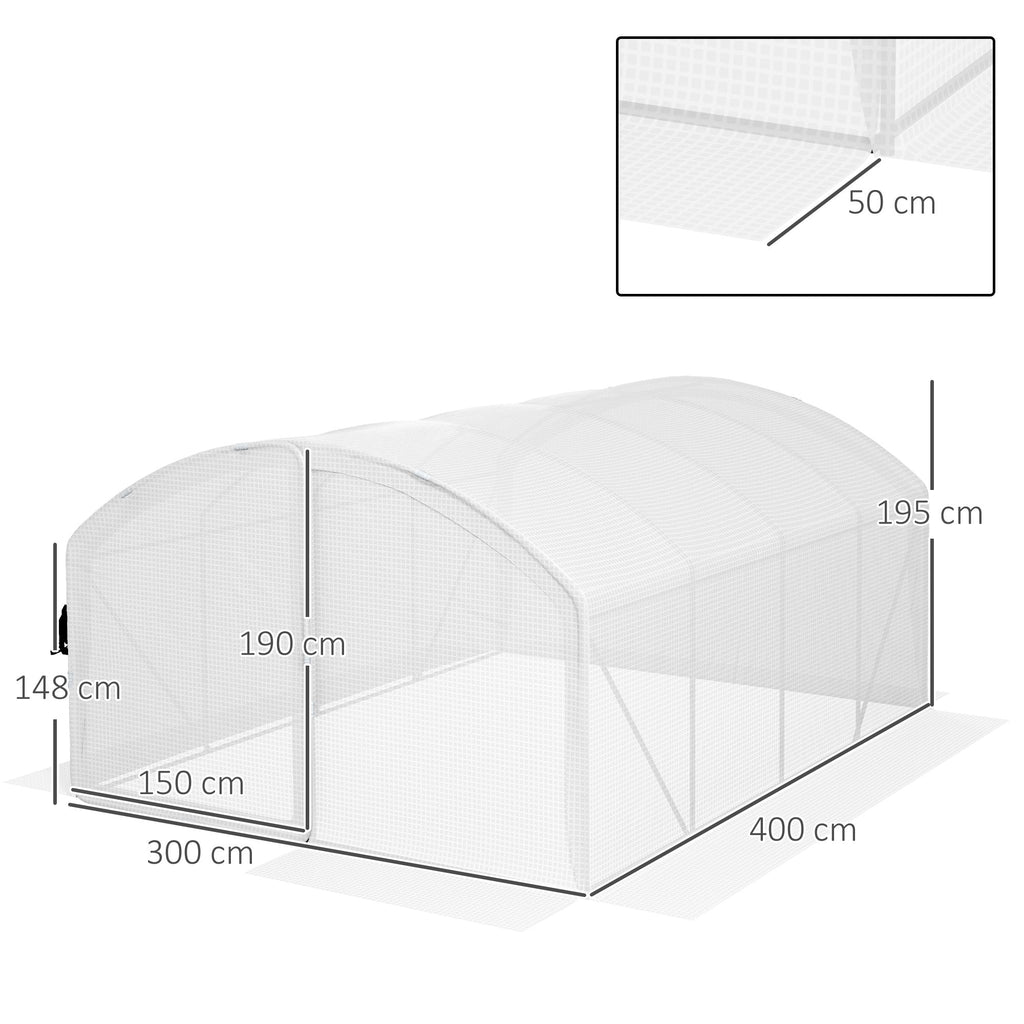 4 x 3 x 2m Galvanised Steel Frame Polytunnel Greenhouse with Hinged Door & PE Cover, White