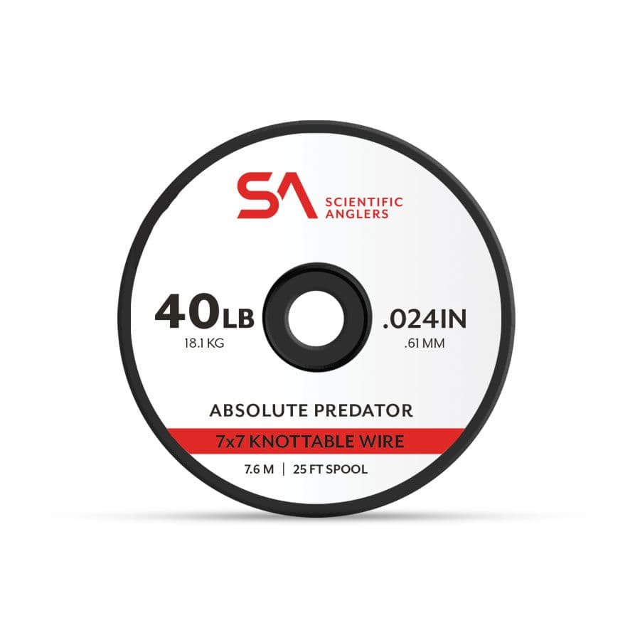 Spool of Scientific Anglers Absolute Predator Wire, 40-pound test strength, 0.024 inch diameter, 25-foot length, 7x7 knottable wire for fishing tackle.