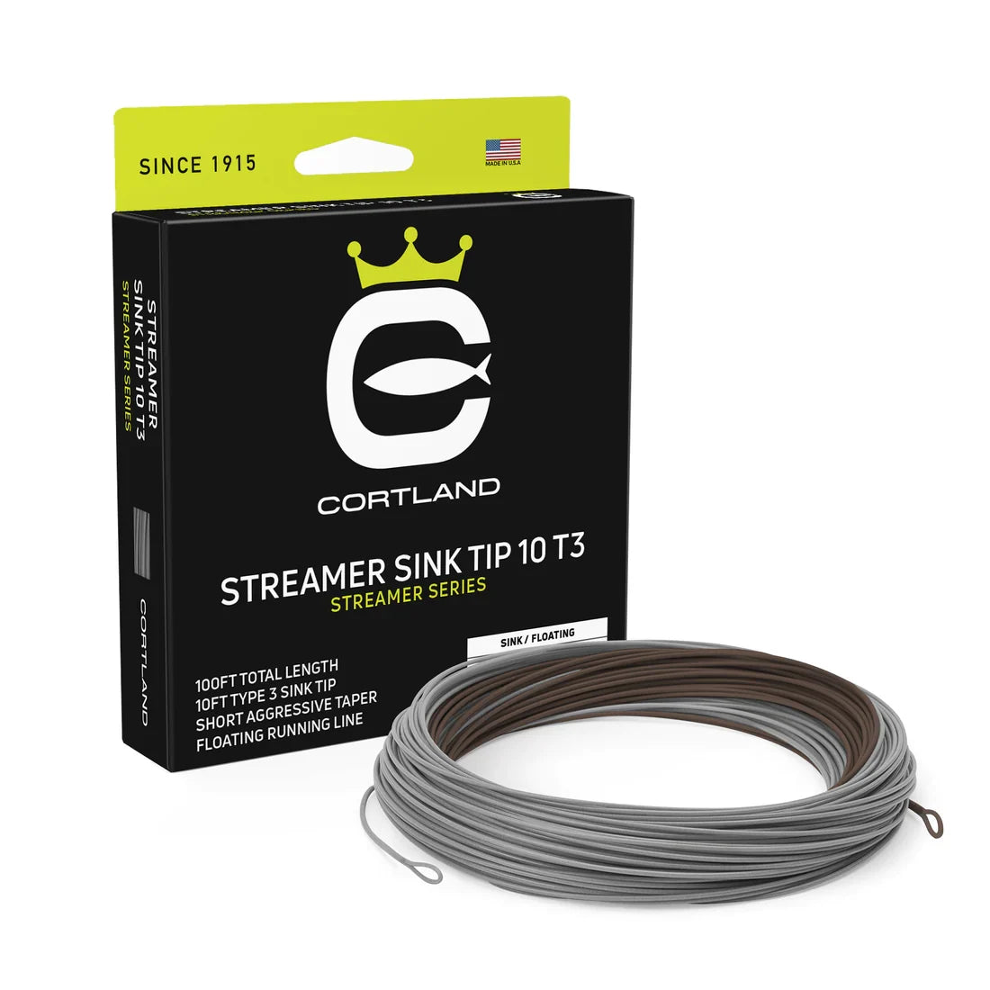 Cortland Streamer Sink Tip 10 T3 Fly Line shown with black and green packaging, featuring a coiled gray and brown fly fishing line designed for streamer fishing.