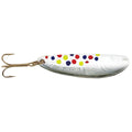 Acme Ice-Winder Flutter Spoon fishing lure with a silver metallic finish, multi-colored dots, and a sharp treble hook designed for effective ice fishing tackle.