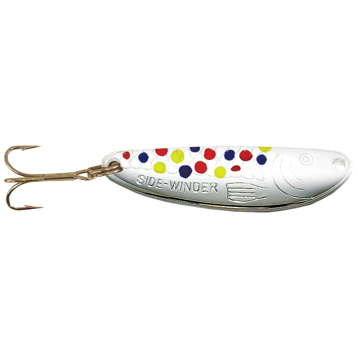 Acme Ice-Winder Flutter Spoon fishing lure with a silver metallic finish, multi-colored dots, and a sharp treble hook designed for effective ice fishing tackle.