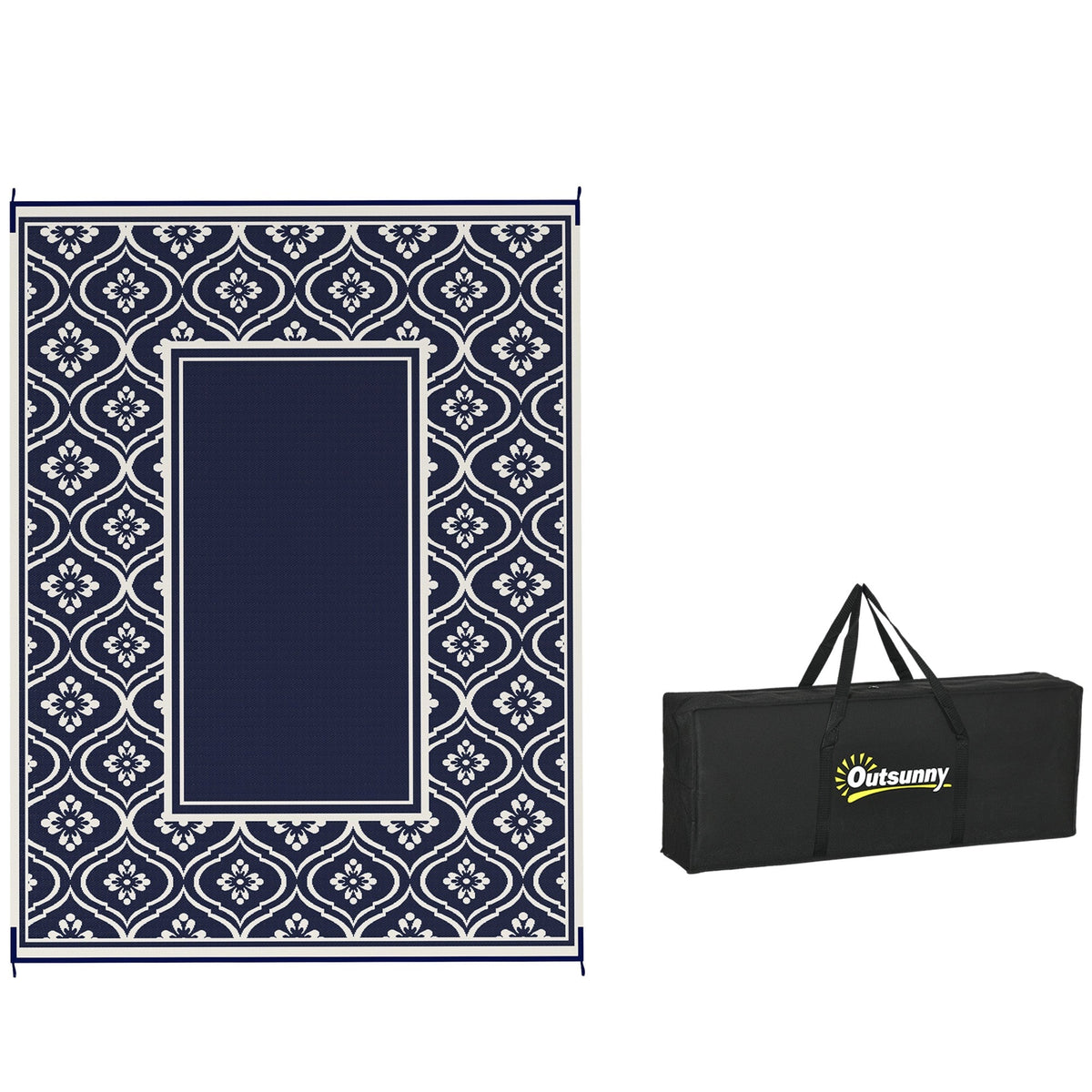 9' x 12' Patio Reversible Outdoor RV Rug with Carry Bag, Gourd Border, White & Blue