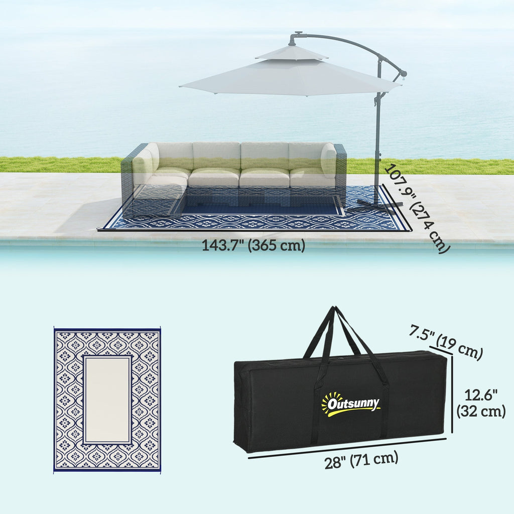 9' x 12' Patio Reversible Outdoor RV Rug with Carry Bag, Gourd Border, White & Blue