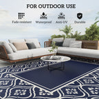 9' x 12' Patio Reversible Outdoor RV Rug with Carry Bag, Gourd Border, White & Blue