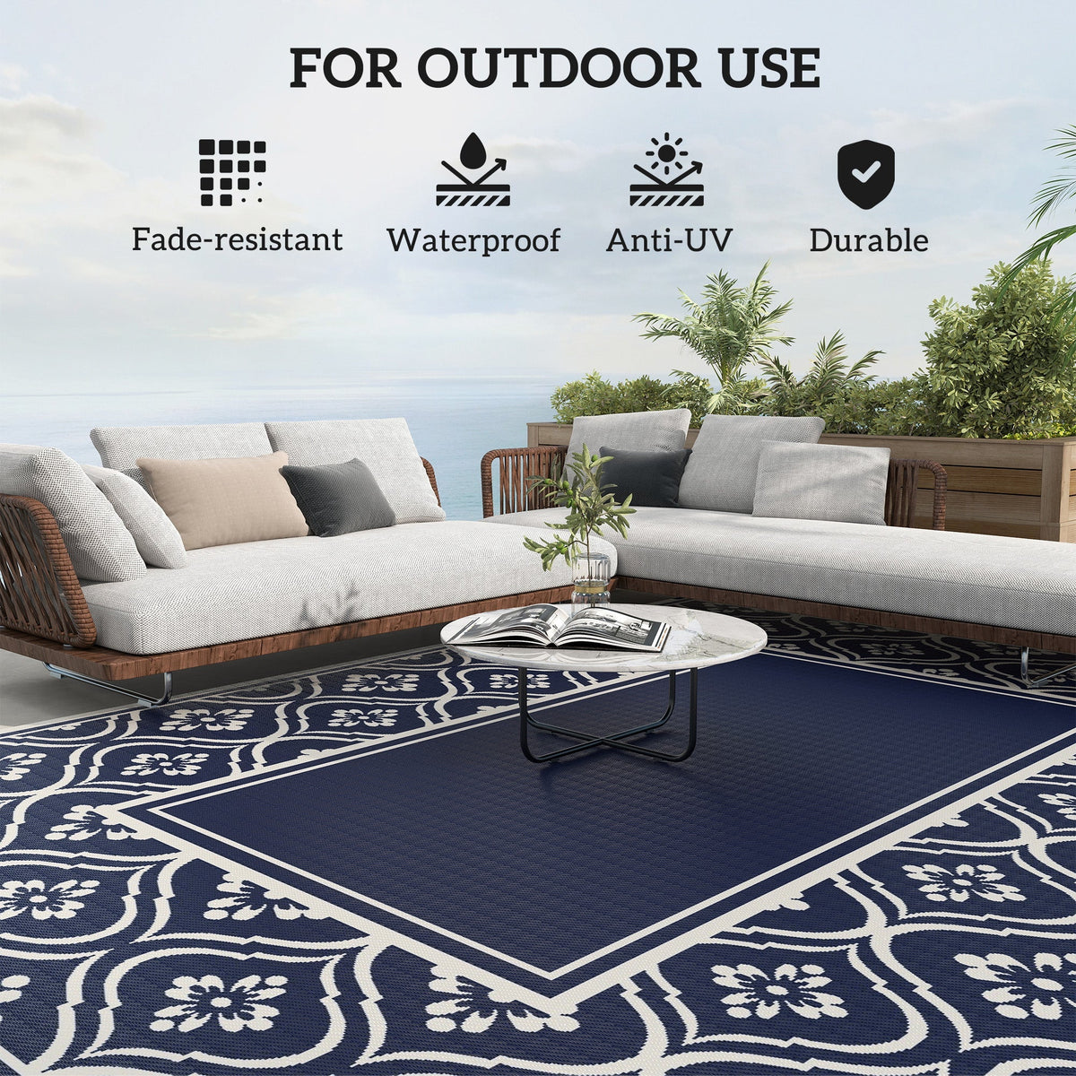 9' x 12' Patio Reversible Outdoor RV Rug with Carry Bag, Gourd Border, White & Blue